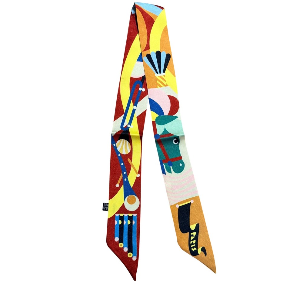 Multi Color Paris Twilly Style Ribbon Scarf Equestrian Horse Print Geometric